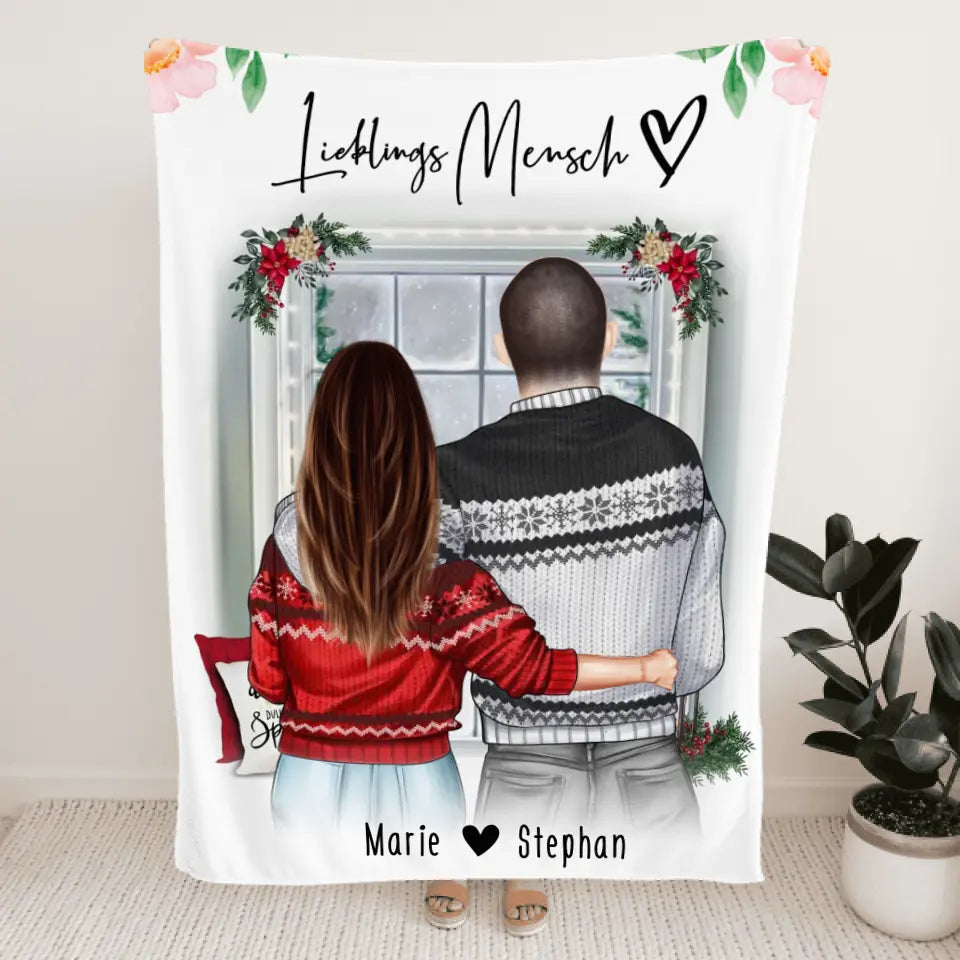 Personalisierte Decke mit Paar in Weihnachtspullovern (stehend) - Pärchen Decke - Weihnachtsdecke