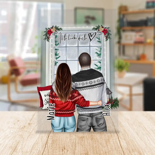 Personalisierte Acrylglasplatte mit Paar in Weihnachtspullovern (stehend) - Pärchen Acrylglasplatte - Weihnachts-Acrylglasplatte