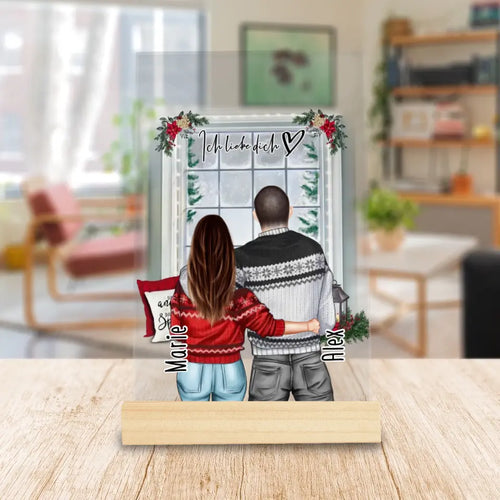 Personalisierte Acrylglasplatte mit Paar in Weihnachtspullovern (stehend) - Pärchen Acrylglasplatte - Weihnachts-Acrylglasplatte