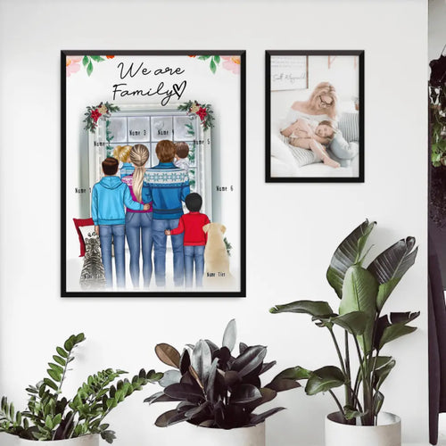 Personalisiertes Poster - Familie + 1-4 Kinder + 1-2 Hunde/Katzen - Weihnachtsposter