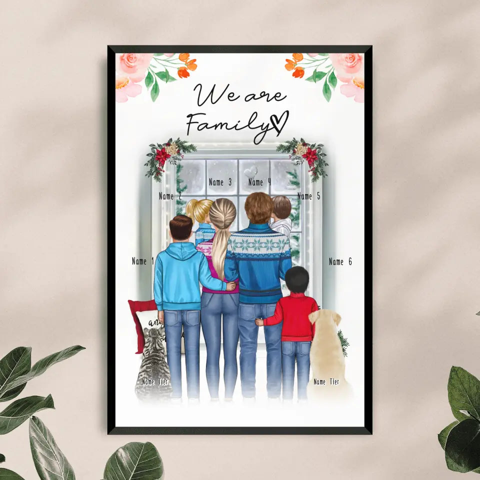 Personalisiertes Poster - Familie + 1-4 Kinder + 1-2 Hunde/Katzen - Weihnachtsposter