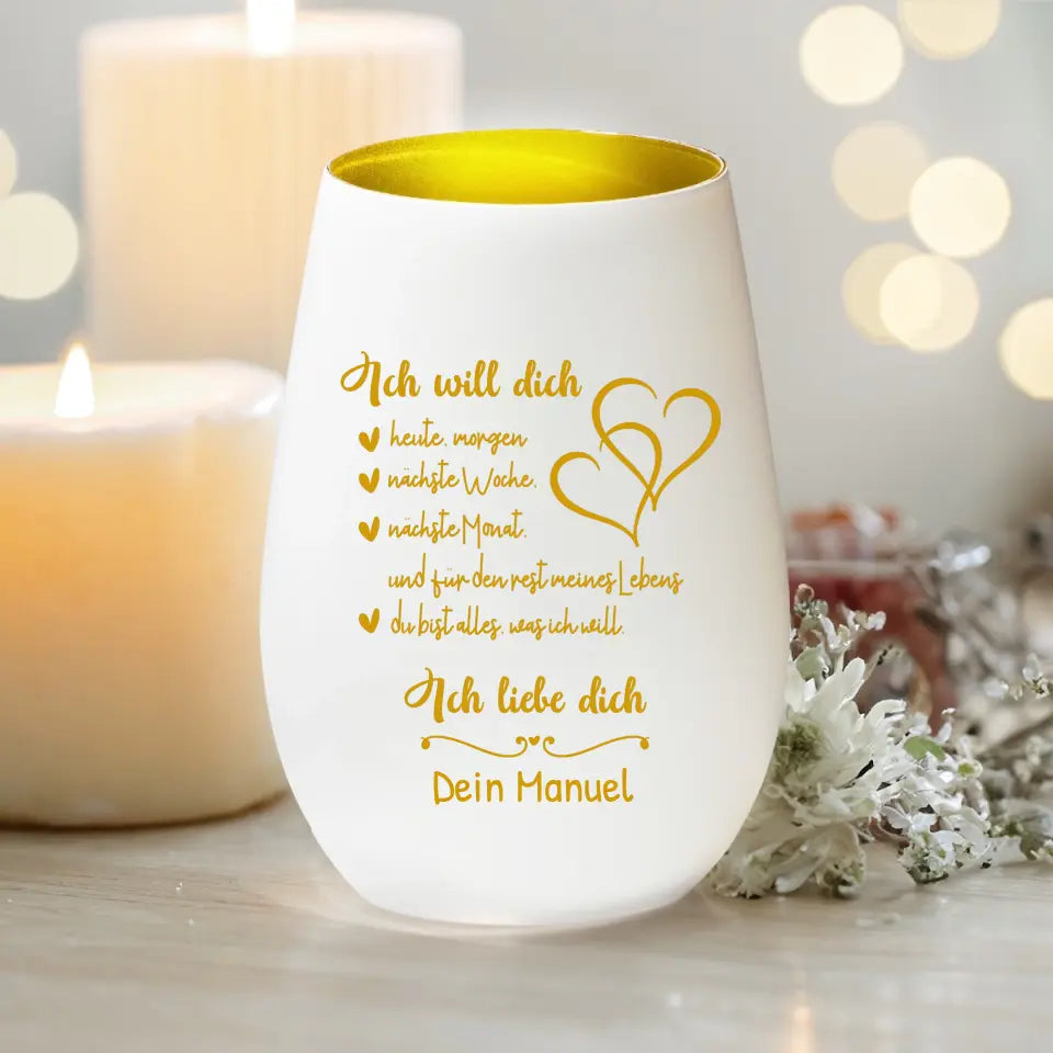 Personalisiertes Windlicht - "Ich will dich heute, morgen,..." - Paare