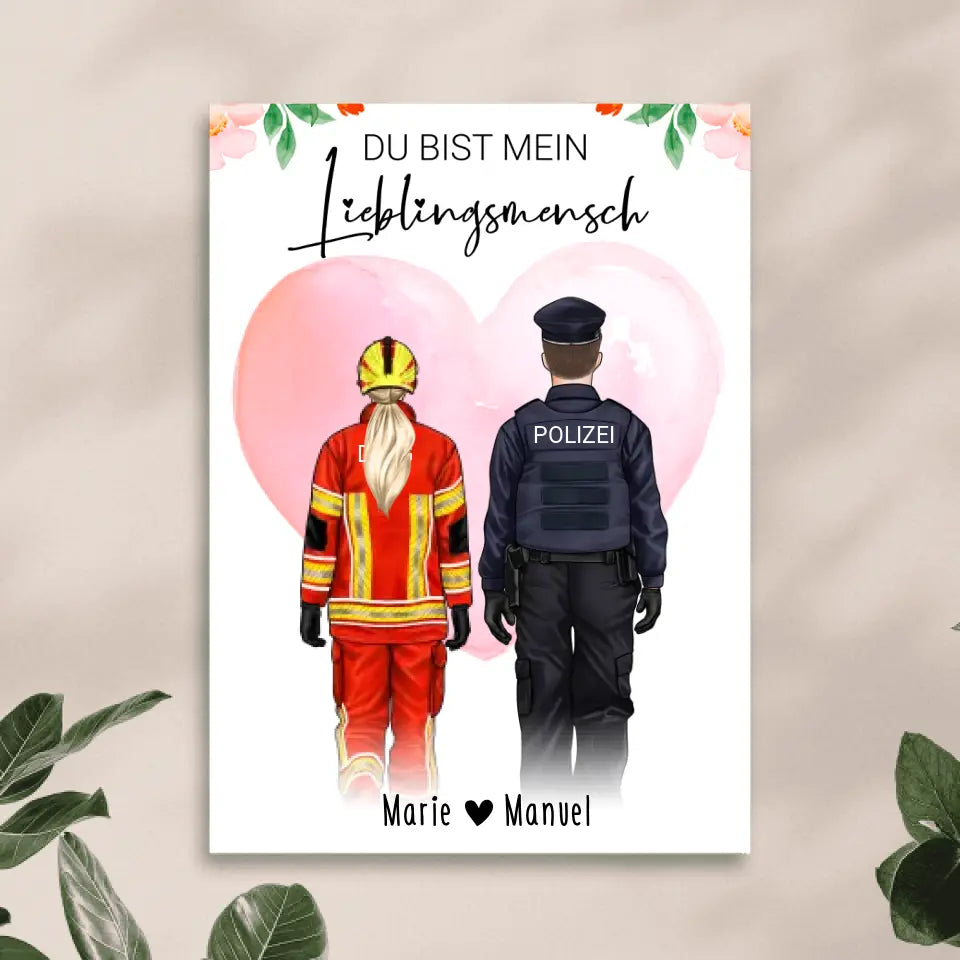 Personalisiertes Poster - Frauen/Männer in Uniformen (Polizei, Feuerwehr, THW, DLRG) - Paar, Kollegen
