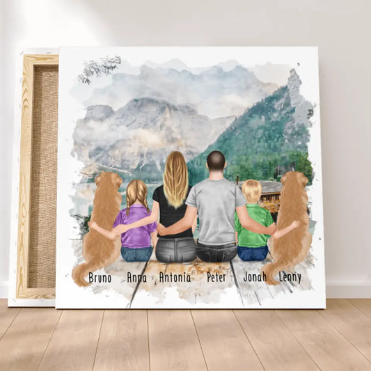 Personalisierte Leinwand mit Familie (2 Kinder + 2 Hunde)