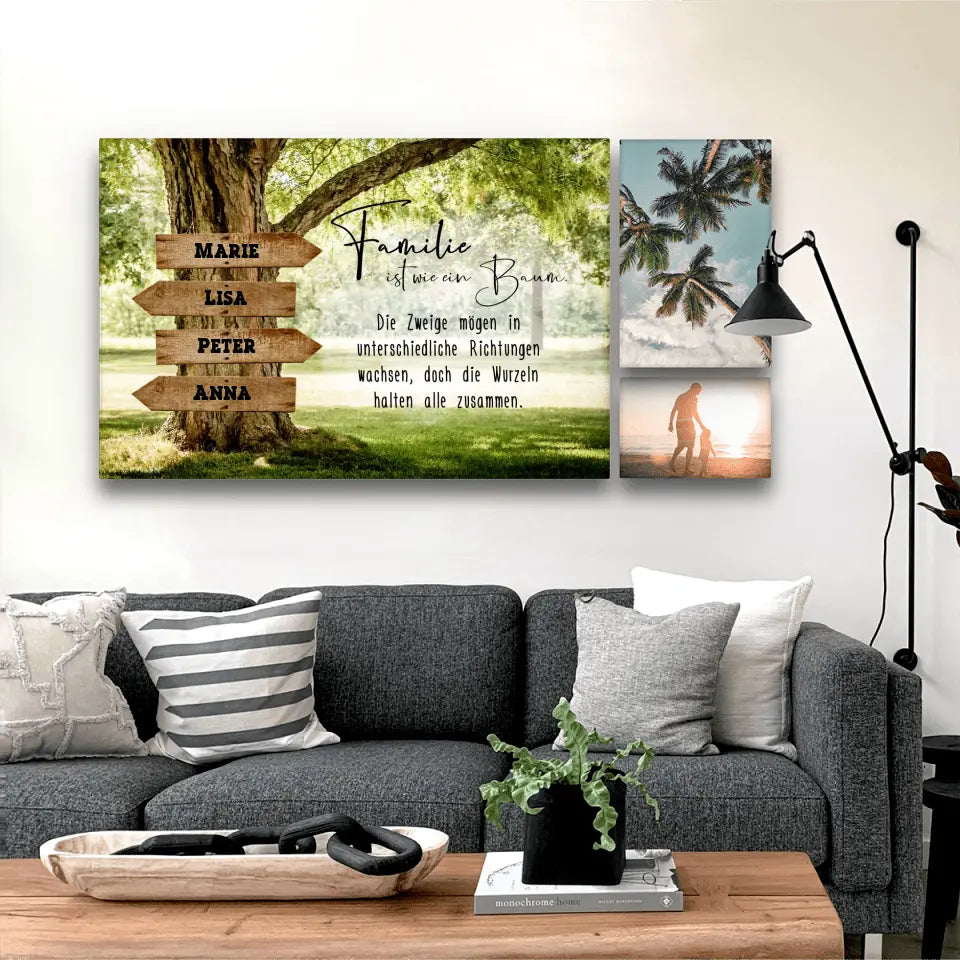 Personalisierte Leinwand mit Wegweisern und Spruch "Familie ist wie ein Baum"