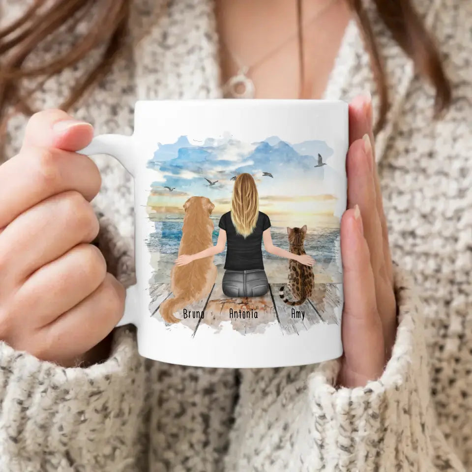 Personalisierte Tasse mit Hund/Katze/Frau (1 Hunde + 1 Katze + 1 Frau)