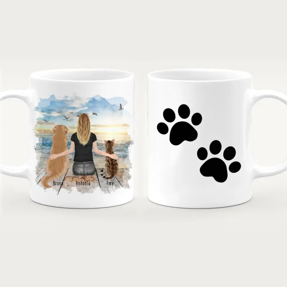 Personalisierte Tasse mit Hund/Katze/Frau (1 Hunde + 1 Katze + 1 Frau)