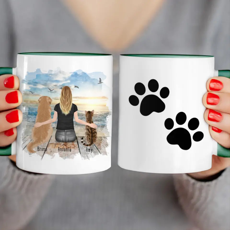 Personalisierte Tasse mit Hund/Katze/Frau (1 Hunde + 1 Katze + 1 Frau)