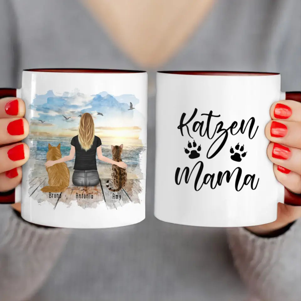 Personalisierte Tasse mit Katze und Frau (2 Katzen + 1 Frau)