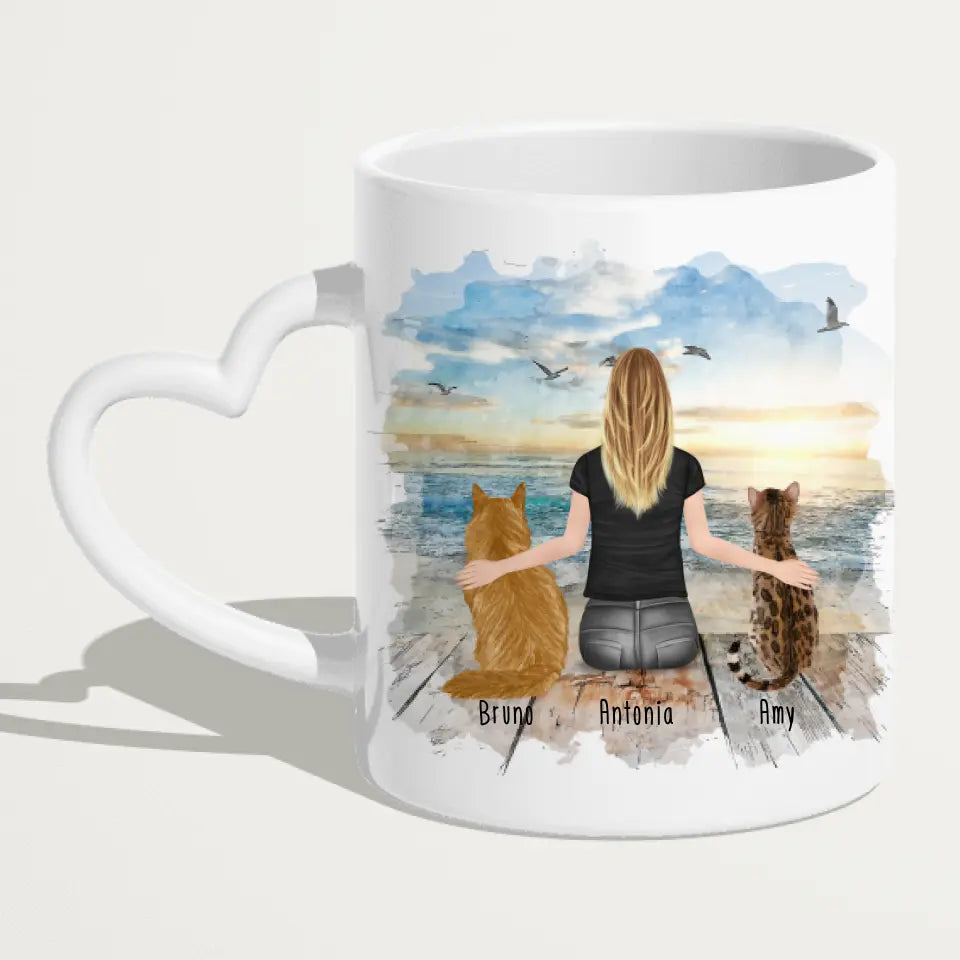 Personalisierte Tasse mit Katze und Frau (2 Katzen + 1 Frau)