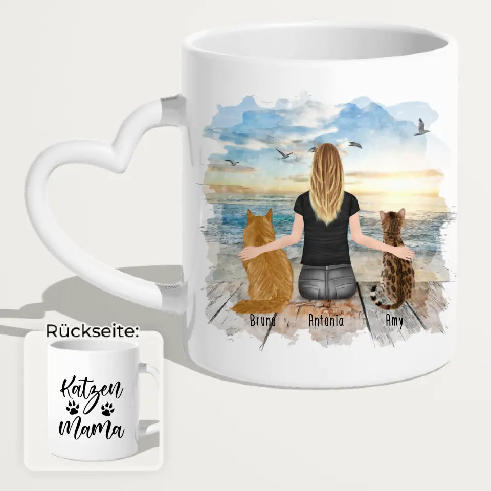 Personalisierte Tasse mit Katze und Frau (2 Katzen + 1 Frau)