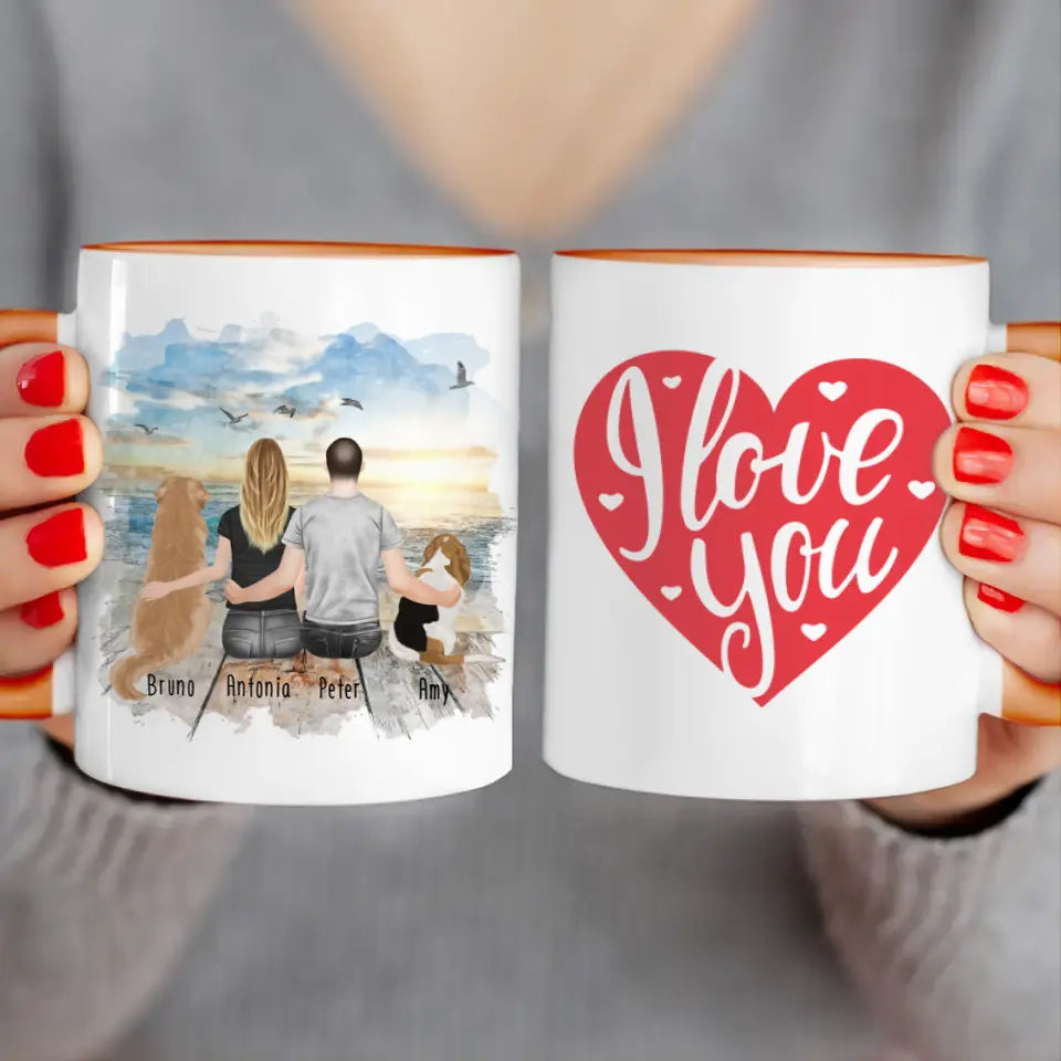 Personalisierte Tasse mit Pärchen und 2 Hunden