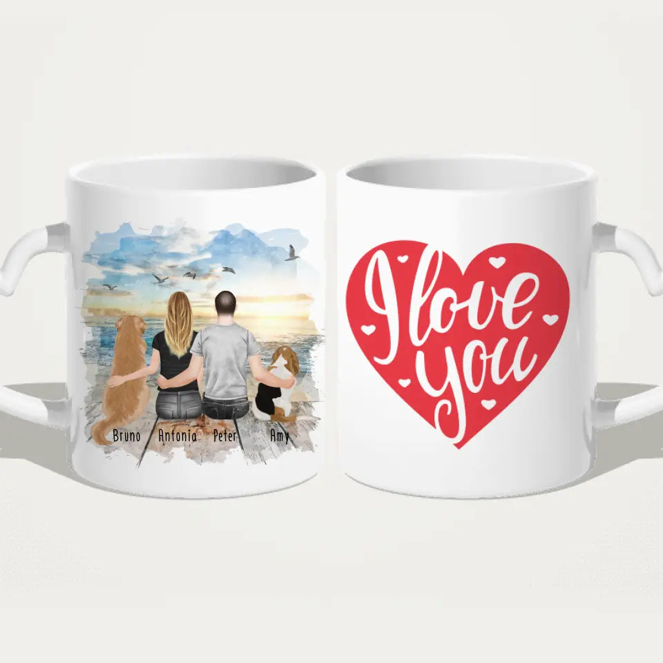 Personalisierte Tasse mit Pärchen und 2 Hunden