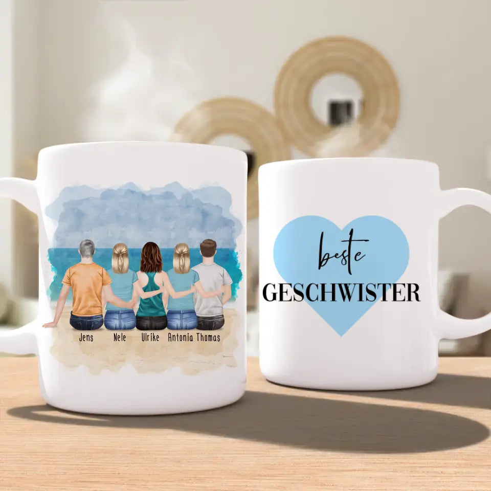 Personalisierte Tasse mit Bruder/Schwester (3 Schwestern + 2 Brüder)