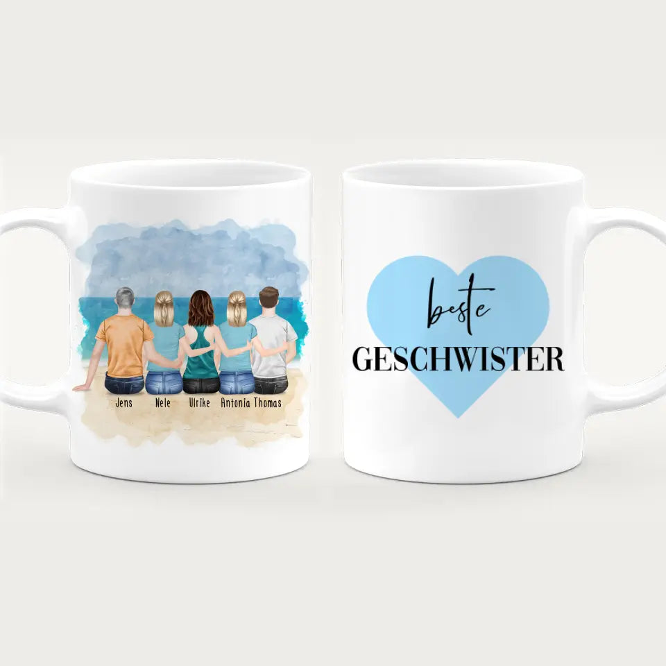 Personalisierte Tasse mit Bruder/Schwester (3 Schwestern + 2 Brüder)