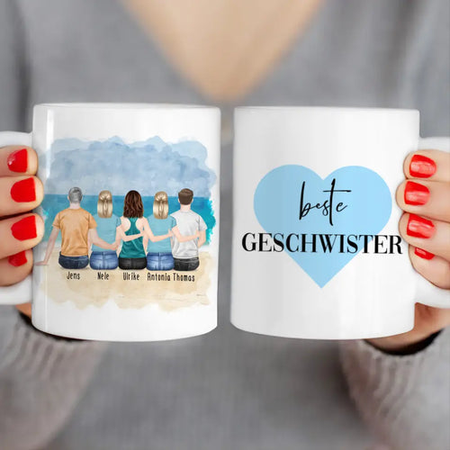 Personalisierte Tasse mit Bruder/Schwester (3 Schwestern + 2 Brüder)