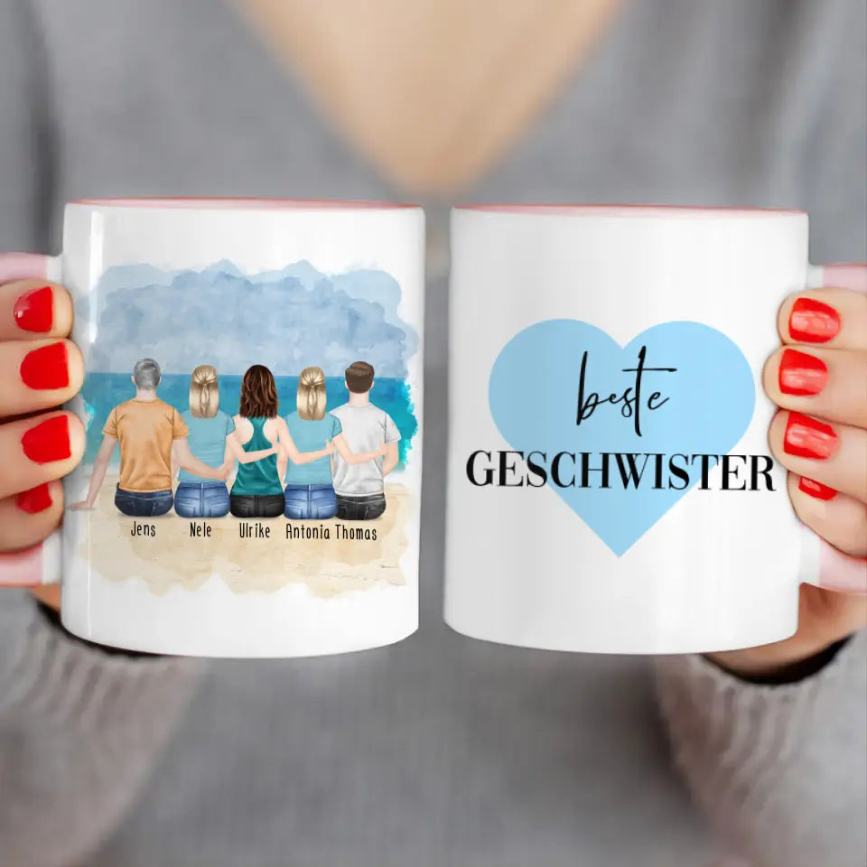 Personalisierte Tasse mit Bruder/Schwester (3 Schwestern + 2 Brüder)