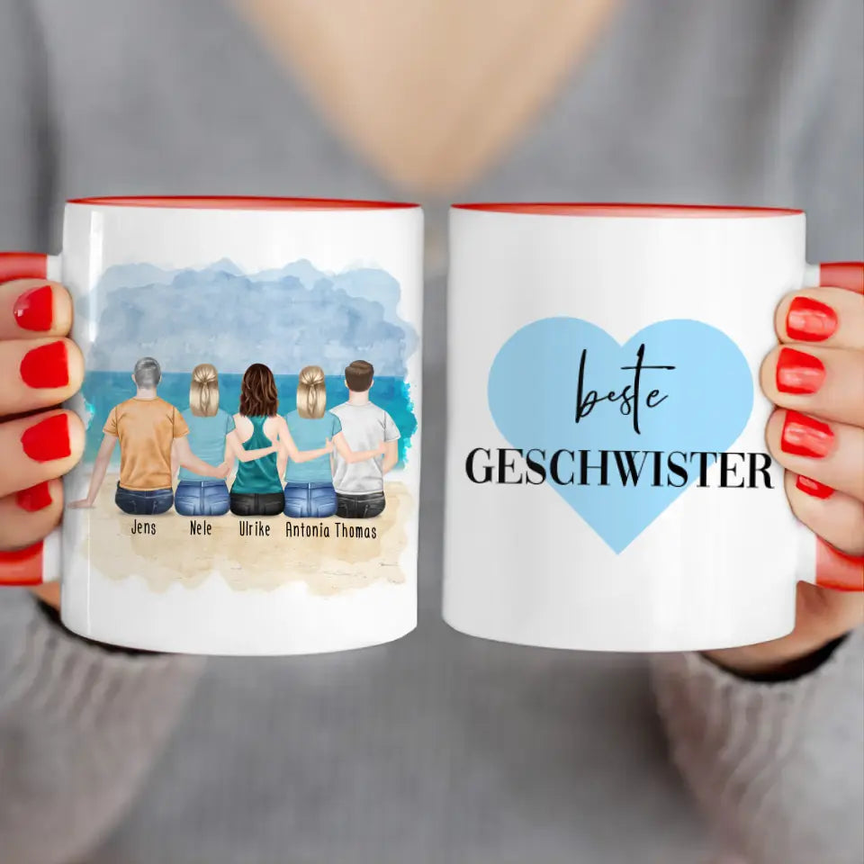 Personalisierte Tasse mit Bruder/Schwester (3 Schwestern + 2 Brüder)