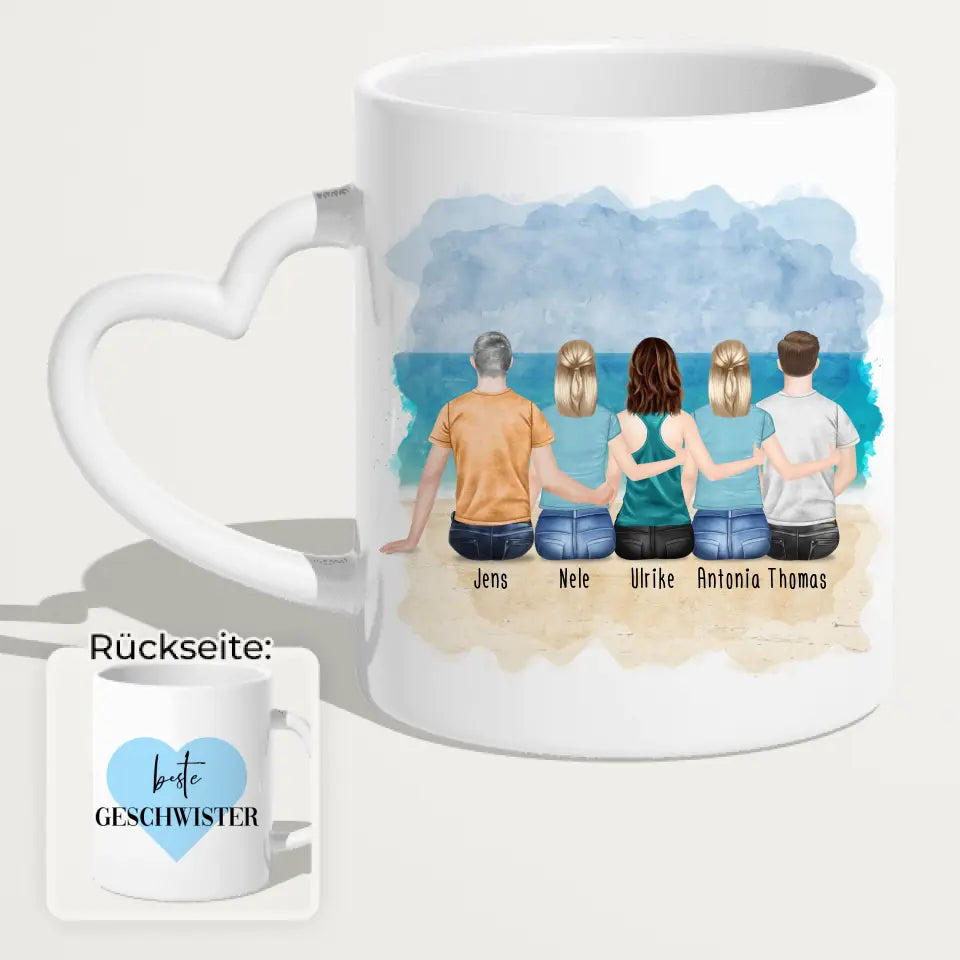 Personalisierte Tasse mit Bruder/Schwester (3 Schwestern + 2 Brüder)