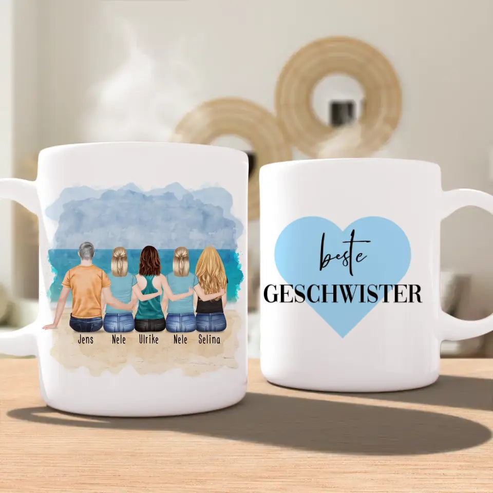 Personalisierte Tasse mit Bruder/Schwester (4 Schwestern + 1 Bruder)