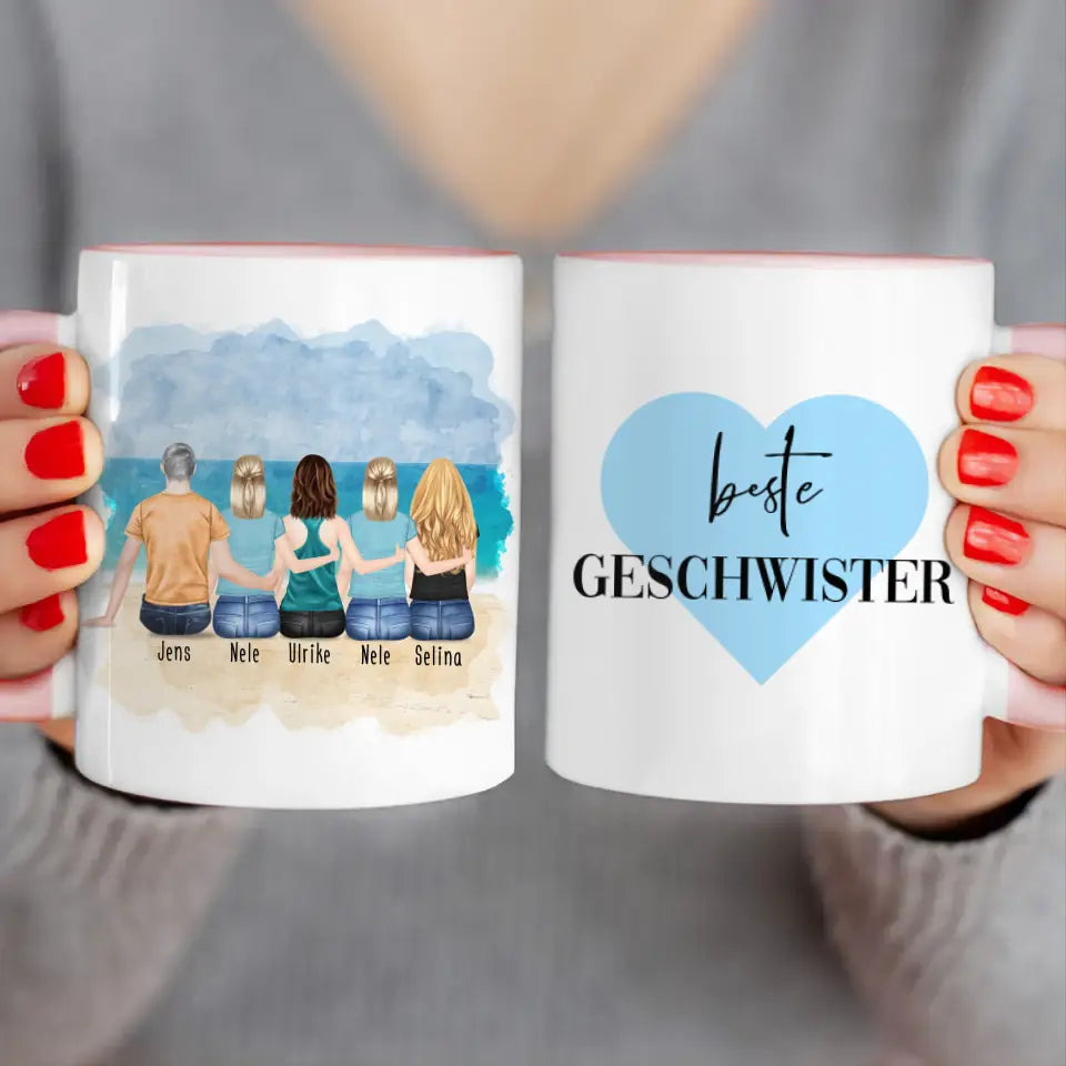 Personalisierte Tasse mit Bruder/Schwester (4 Schwestern + 1 Bruder)