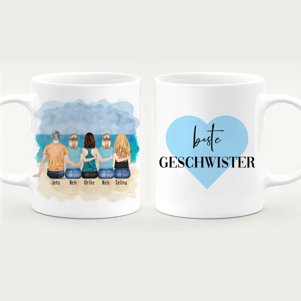 Personalisierte Tasse mit Bruder/Schwester (4 Schwestern + 1 Bruder)