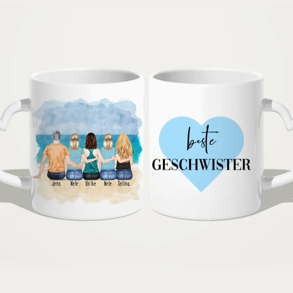 Personalisierte Tasse mit Bruder/Schwester (4 Schwestern + 1 Bruder)