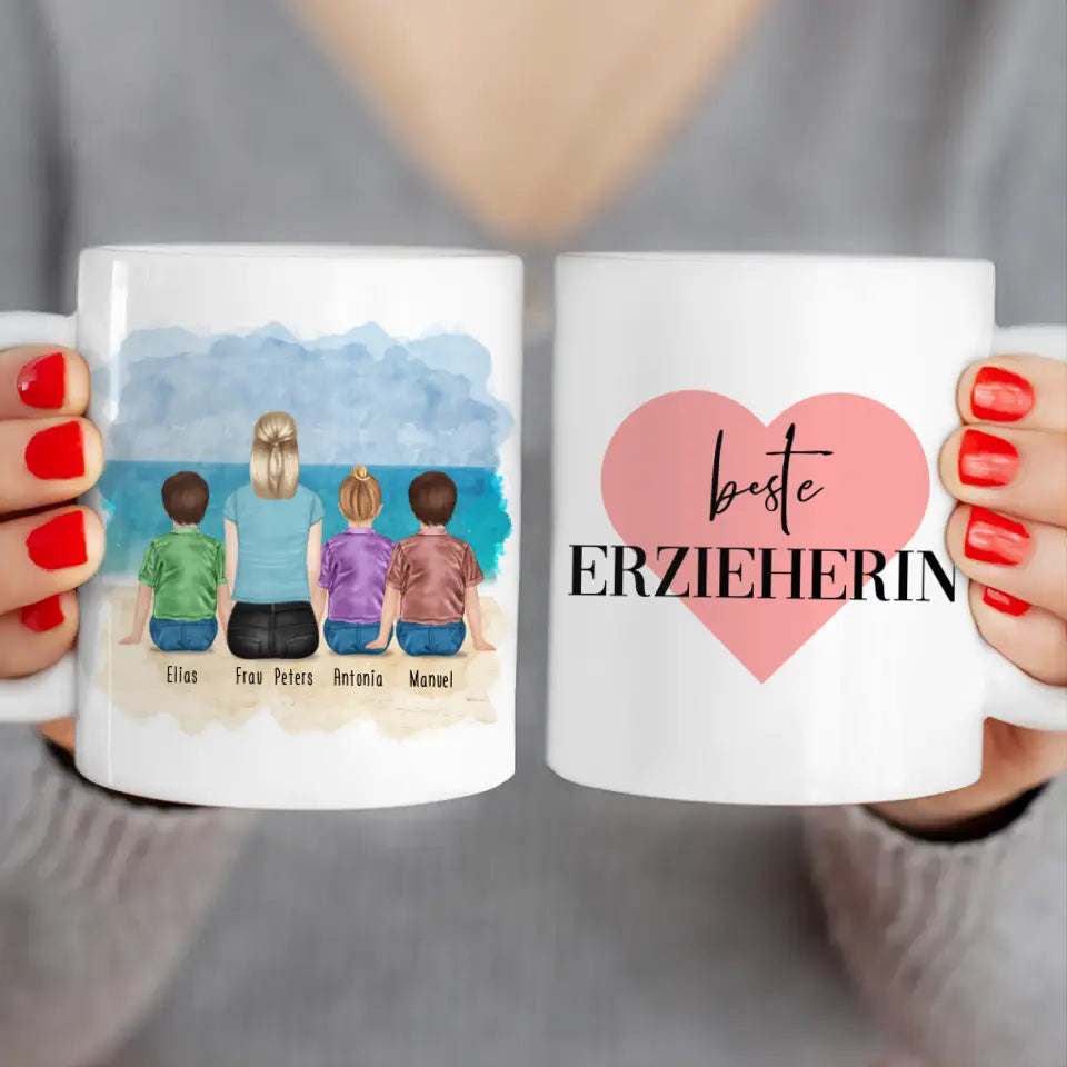 Personalisierte Tasse mit Erzieherin (3 Kinder)