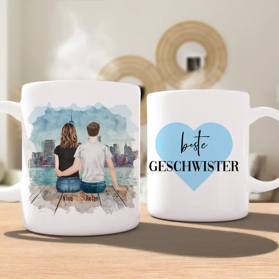 Personalisierte Tasse mit Bruder/Schwester (1 Schwester + 1 Bruder)