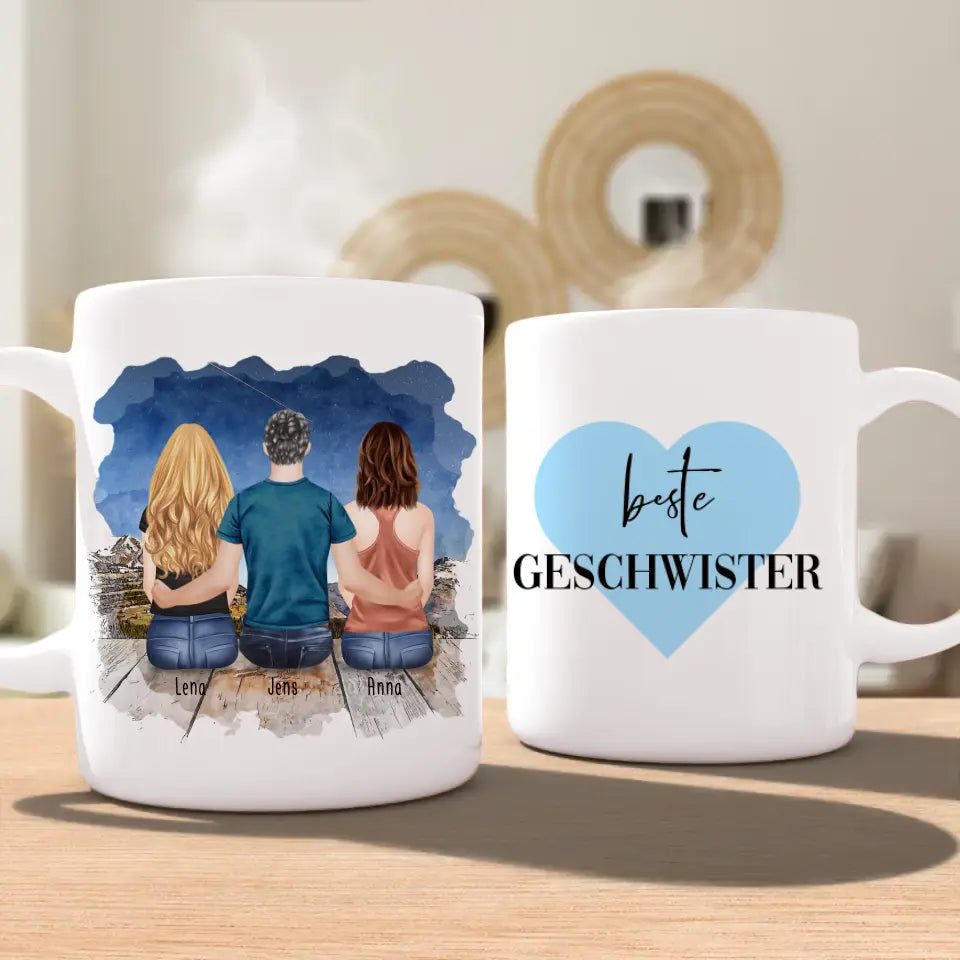 Personalisierte Tasse mit Bruder/Schwester (2 Schwester + 1 Bruder)