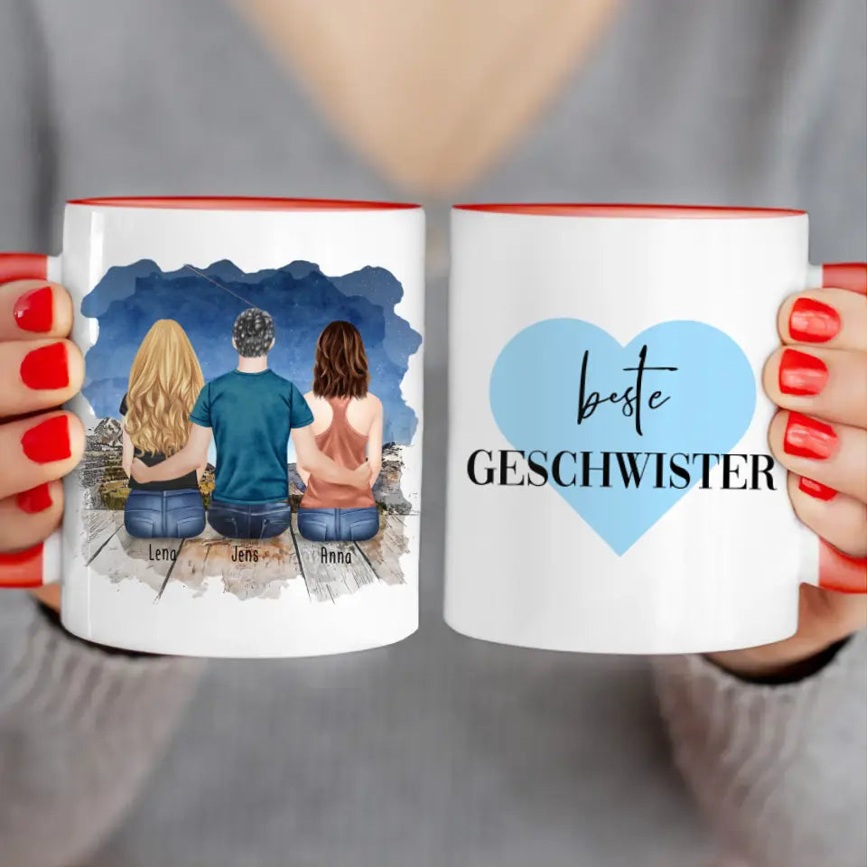 Personalisierte Tasse mit Bruder/Schwester (2 Schwester + 1 Bruder)