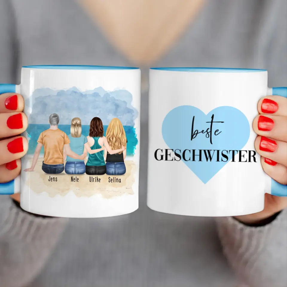 Personalisierte Tasse mit Bruder/Schwester (3 Schwestern + 1 Bruder)