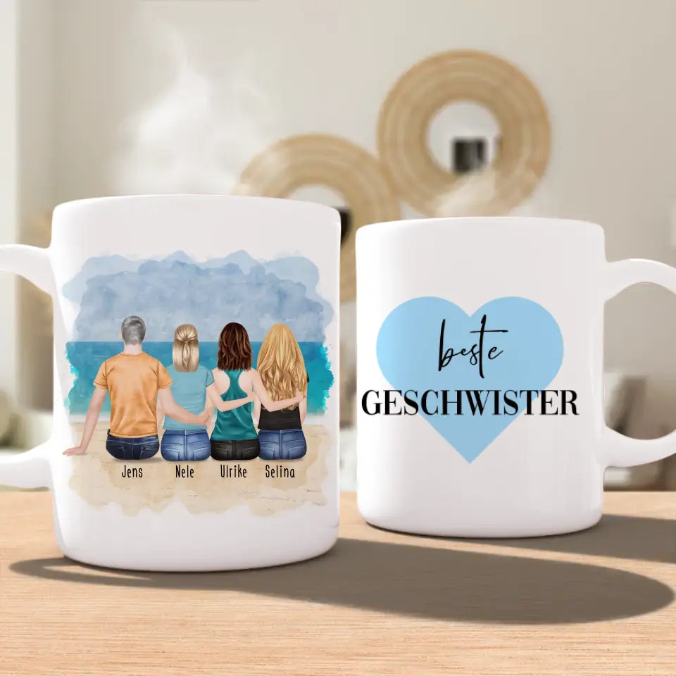 Personalisierte Tasse mit Bruder/Schwester (3 Schwestern + 1 Bruder)