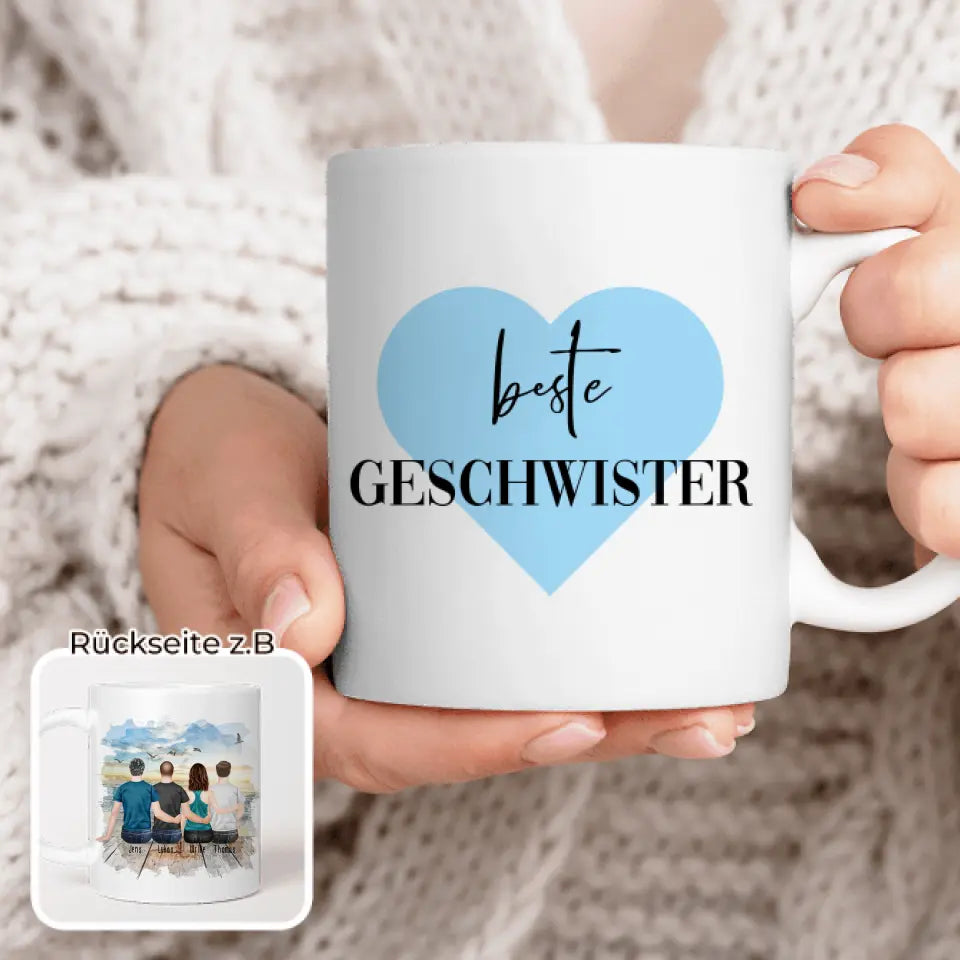 Personalisierte Tasse mit Bruder/Schwester (1 Schwester + 3 Brüder)