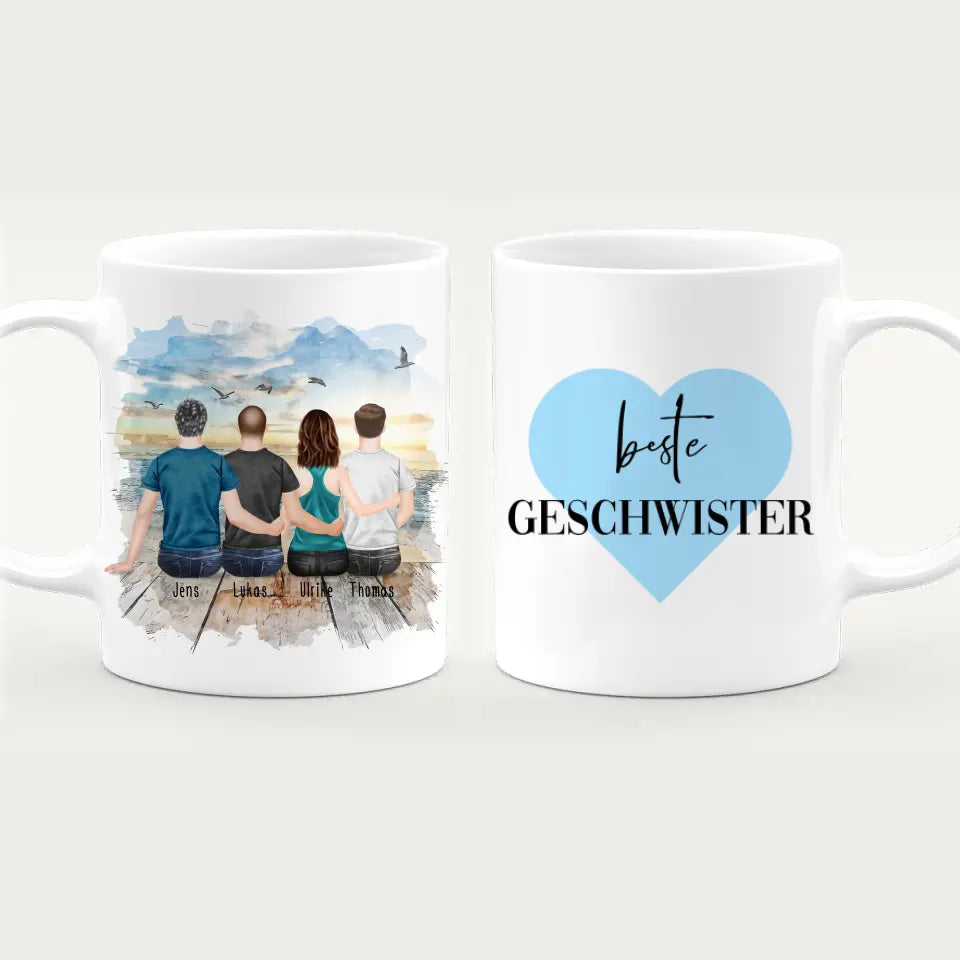 Personalisierte Tasse mit Bruder/Schwester (1 Schwester + 3 Brüder)