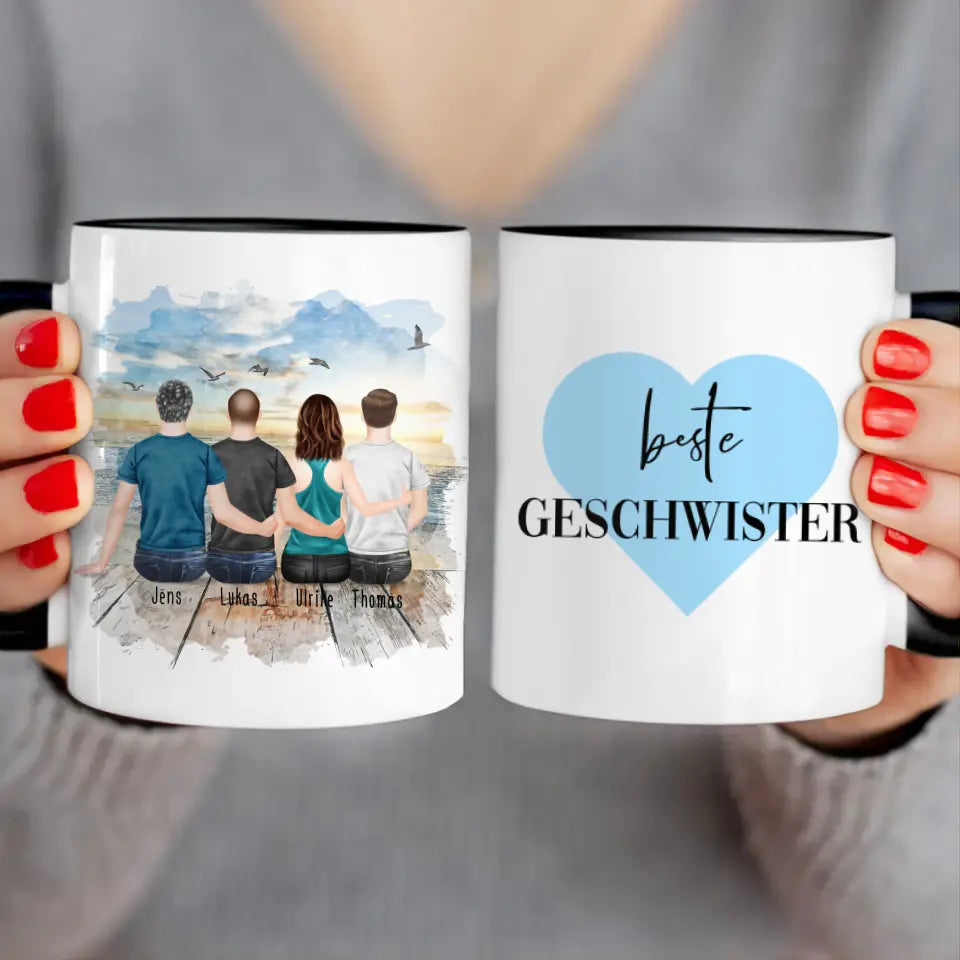 Personalisierte Tasse mit Bruder/Schwester (1 Schwester + 3 Brüder)