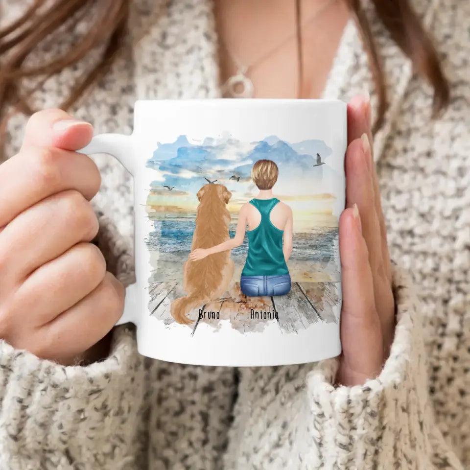 Personalisierte Tasse mit Hund und Frau (1 Hund + 1 Frau)