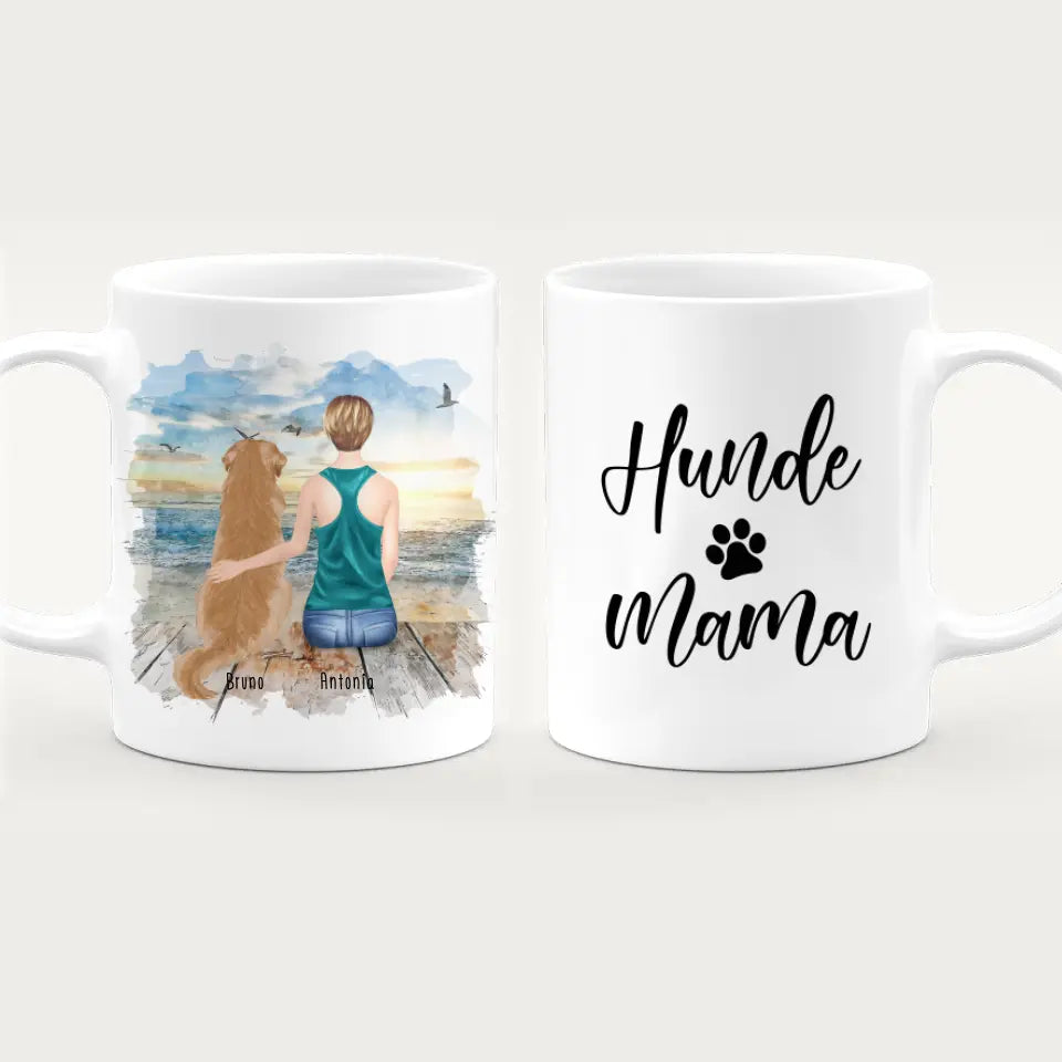 Personalisierte Tasse mit Hund und Frau (1 Hund + 1 Frau)