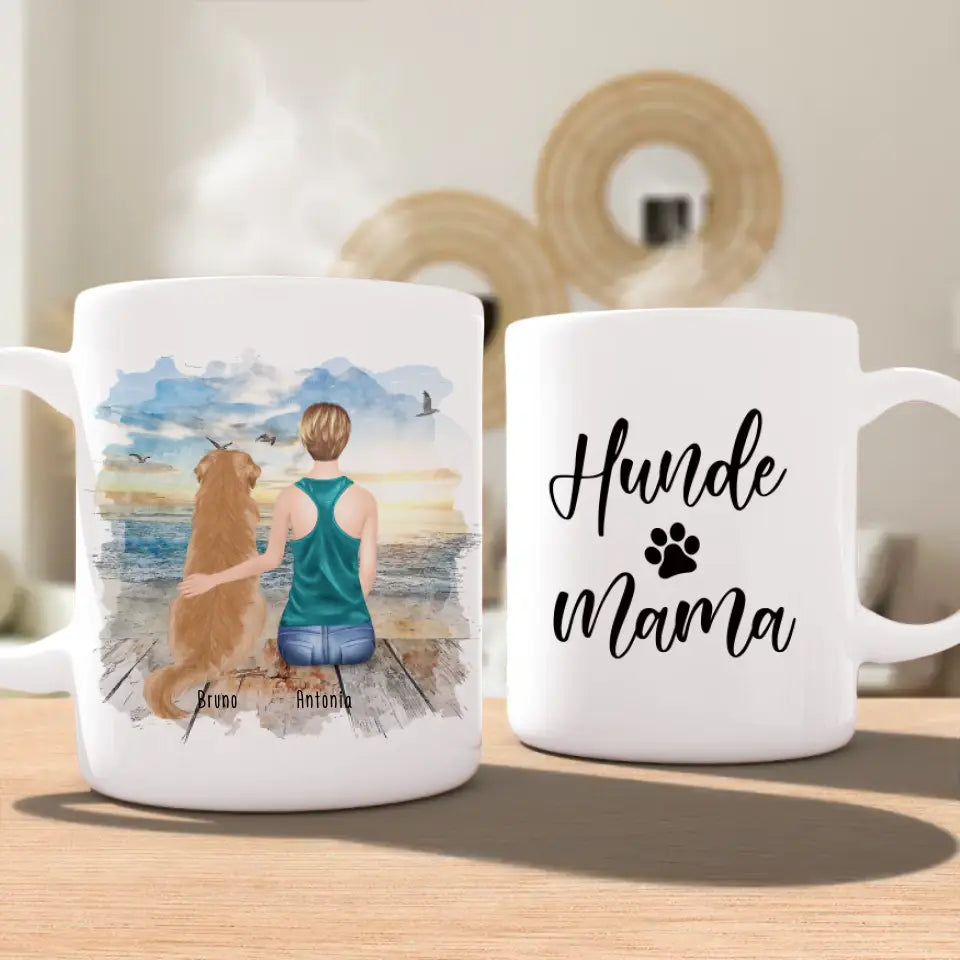 Personalisierte Tasse mit Hund und Frau (1 Hund + 1 Frau)