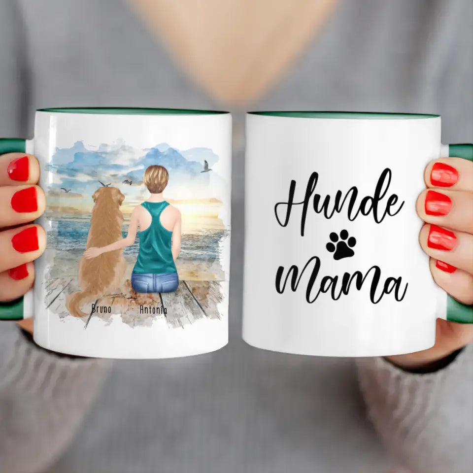 Personalisierte Tasse mit Hund und Frau (1 Hund + 1 Frau)