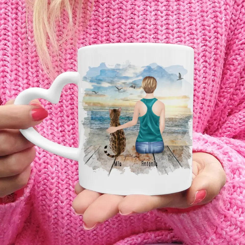 Personalisierte Tasse mit Katze und Frau (1 Katze + 1 Frau)