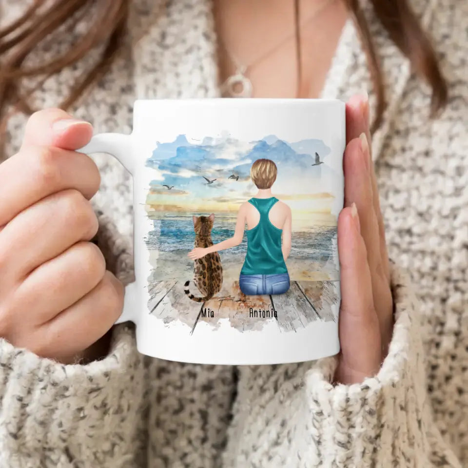 Personalisierte Tasse mit Katze und Frau (1 Katze + 1 Frau)