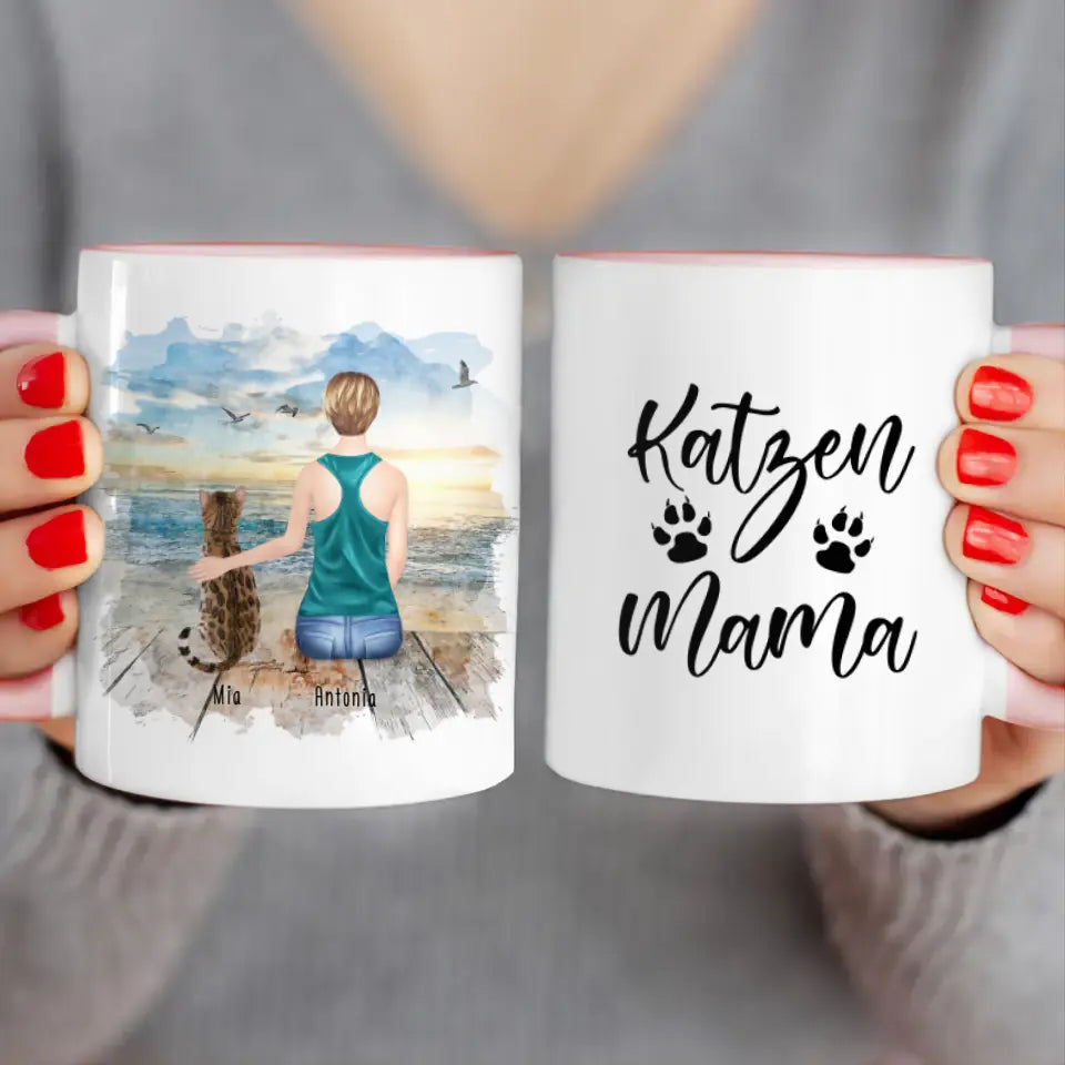 Personalisierte Tasse mit Katze und Frau (1 Katze + 1 Frau)