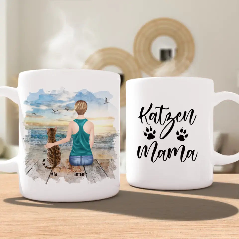 Personalisierte Tasse mit Katze und Frau (1 Katze + 1 Frau)