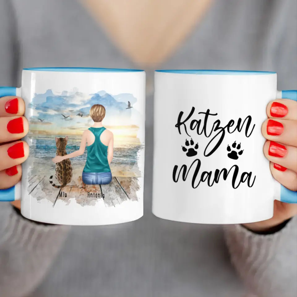 Personalisierte Tasse mit Katze und Frau (1 Katze + 1 Frau)