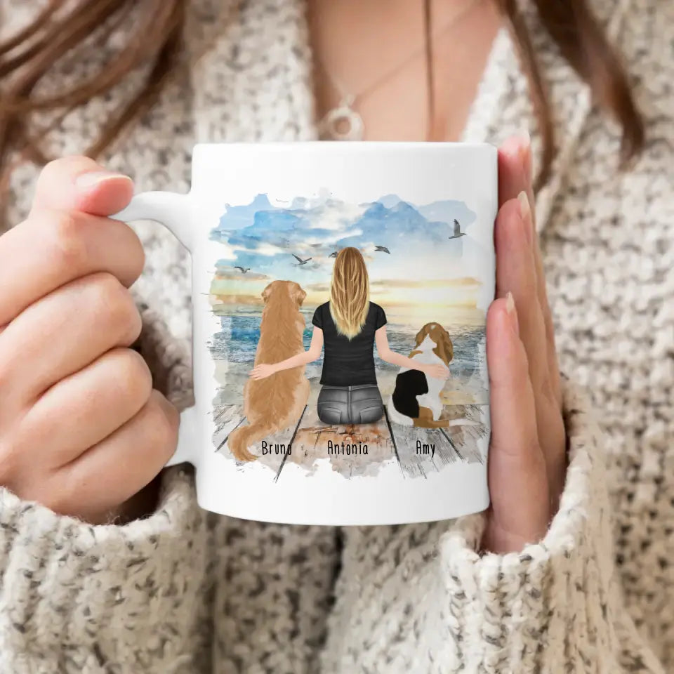 Personalisierte Tasse mit Hund und Frau (2 Hunde + 1 Frau)