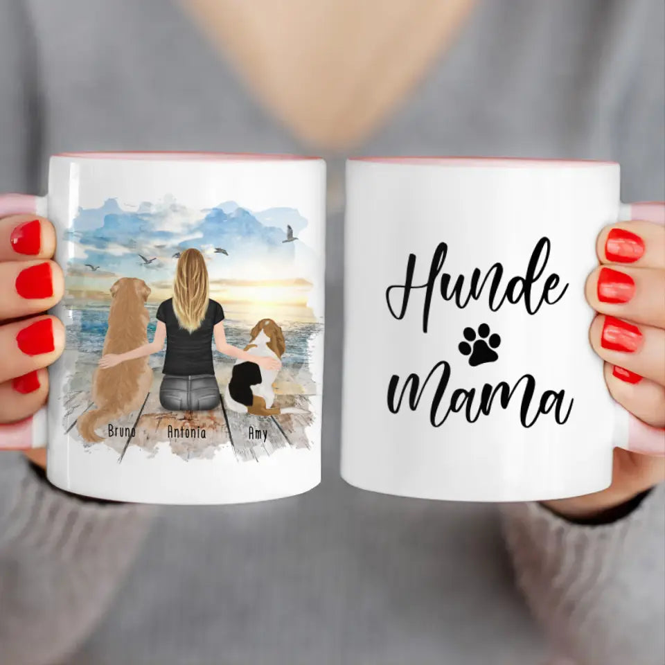 Personalisierte Tasse mit Hund und Frau (2 Hunde + 1 Frau)