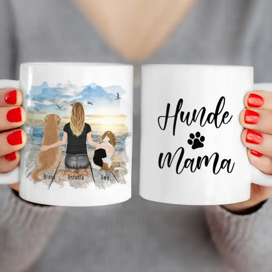 Personalisierte Tasse mit Hund und Frau (2 Hunde + 1 Frau)