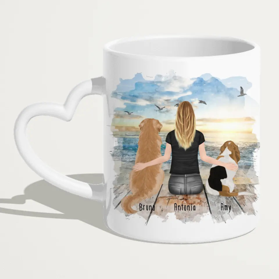 Personalisierte Tasse mit Hund und Frau (2 Hunde + 1 Frau)