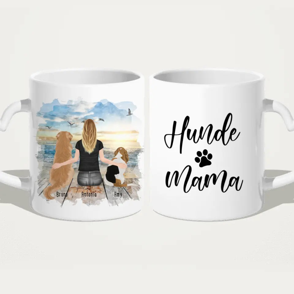 Personalisierte Tasse mit Hund und Frau (2 Hunde + 1 Frau)